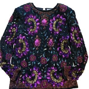 Vintage Leslie Fay Sequin Silk Beaded Top S NYE Party Blouse